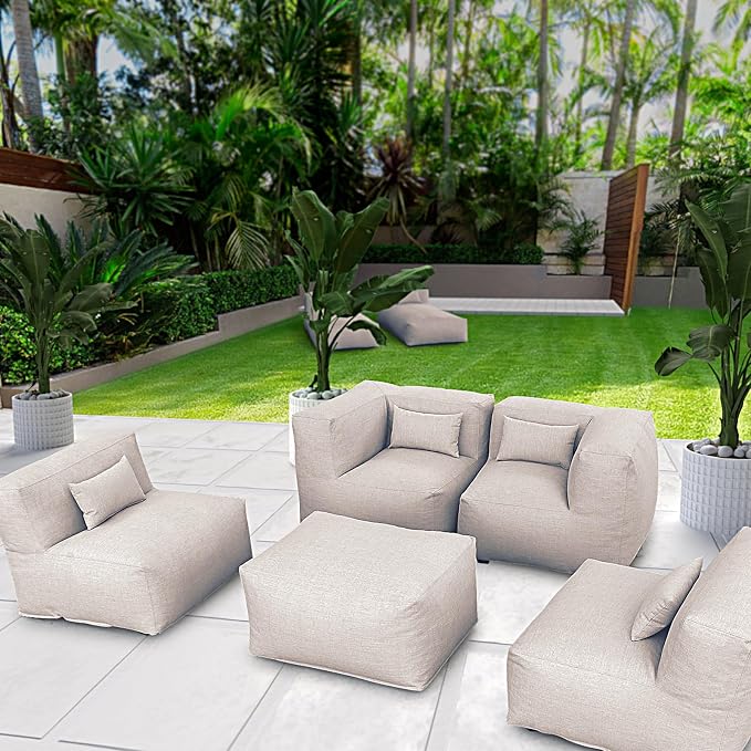 ANNYH Modern Calaluna 5Pc OUTDOOR Furniture Sectional Conversation Set- COMBINATION of 2Middle 2Corner 1Ottoman/Coffee-Expansion Foam Filling chairs-A UNIQUE Modular Contemporary Sofa (Light Beige)