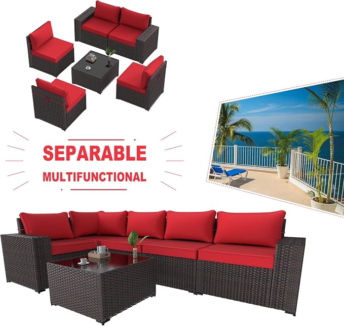 Kullavik Outdoor Patio Furniture Set 6 Pieces Sectional Rattan Sofa Set Brown PE Rattan Wicker Patio Conversation Set with 5 Seat Cushions and 1 Tempered Glass Table, Red