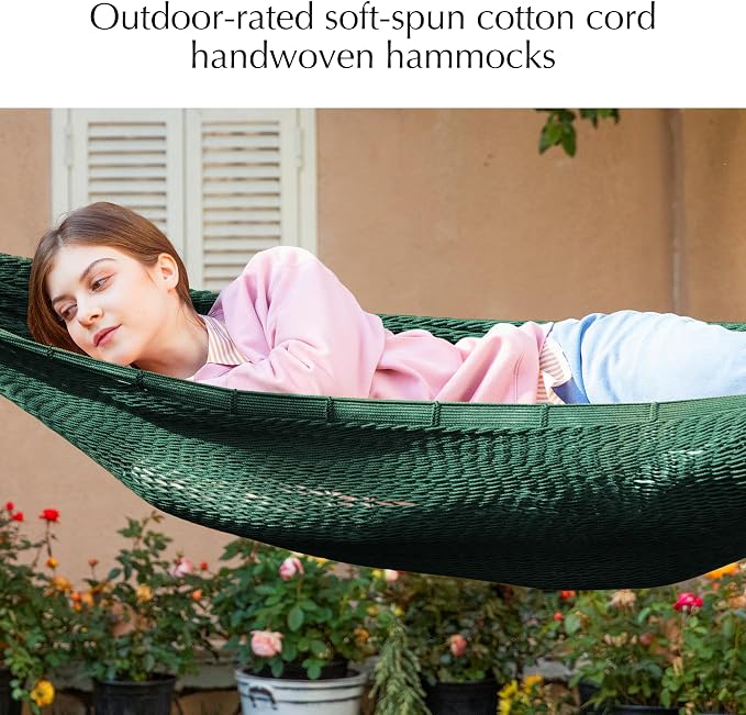 PNAEUT Handwoven Mayan Hammock, Thick Soft Rope Double Hammock for Outdoor Outside & Indoor, 600 lbs Capacity Heavy-Duty, Includes Tree Straps, Carabiners & Carrying Bag (Forest Green, X-Large)