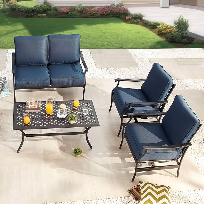 Patio Conversation Set 4 Pieces Cushioned Outdoor Furniture Sets with All Weather Frame for Porch Backyard Lawn (Navy-Blue)
