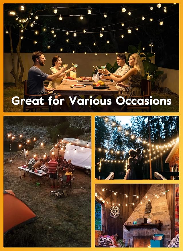 Brightown Outdoor String Lights, 38FT 15 Shatterproof LED Bulbs with Remote, Waterproof Dimmable Patio Hanging Lamps for Porch, Balcony, Bistro, Cafe, Deck, Backyard