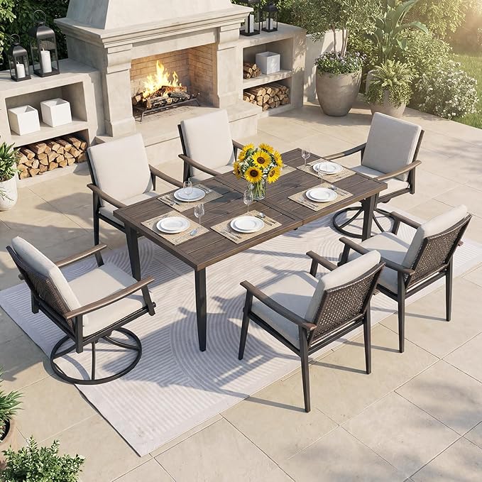 NATURAL EXPRESSIONS 7 Piece Patio Dining Table Outdoor Furniture Set for 6,4Pcs Fixed and 2Pcs Rattan Wicker Swivel Patio Dining Chair with Woodgrain Armrest, 65" Large Dining Table with Umbrella Hole