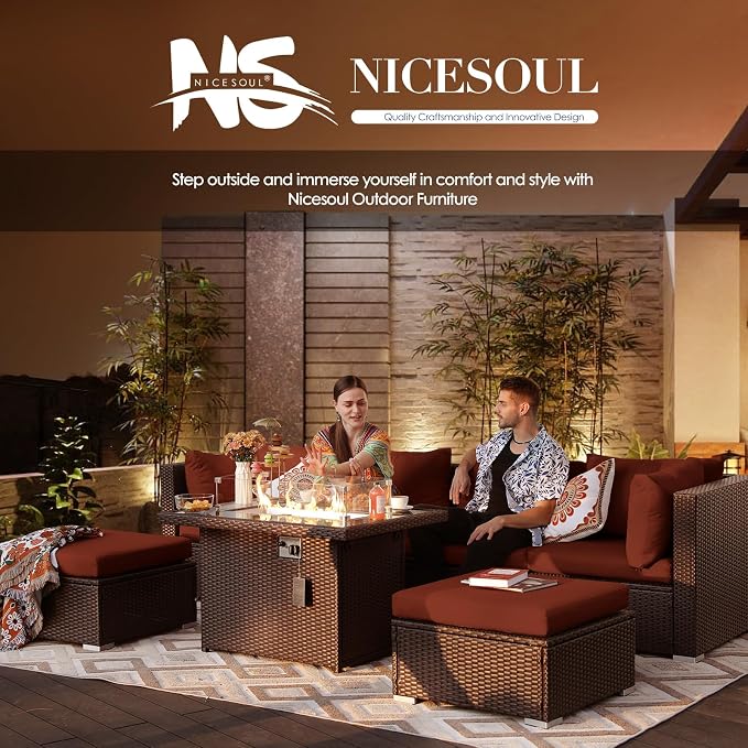 NICESOUL 13 Piece Patio Furniture w/Fireplace, Elegant Outdoor Seating w/Firepit, XL 29.3'' High Back Sectional Sofa, All-Weather Rattan Deck Couch, Modular Sturdy Conversation Set, Brown & Red
