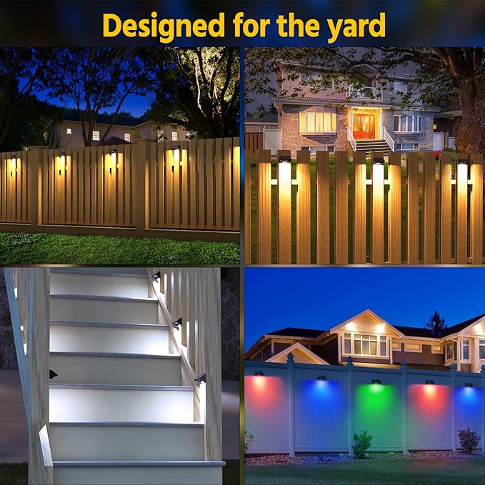 NIORSUN Outdoor Fence Lights, 16 Pack Waterproof LED Solar Fence Lights with 1500mAh Battery, Warm White/Cool White/RGB, Easy-to-Install Wall Light for Deck, Patio, Railing, Stairs, Backyard – Black