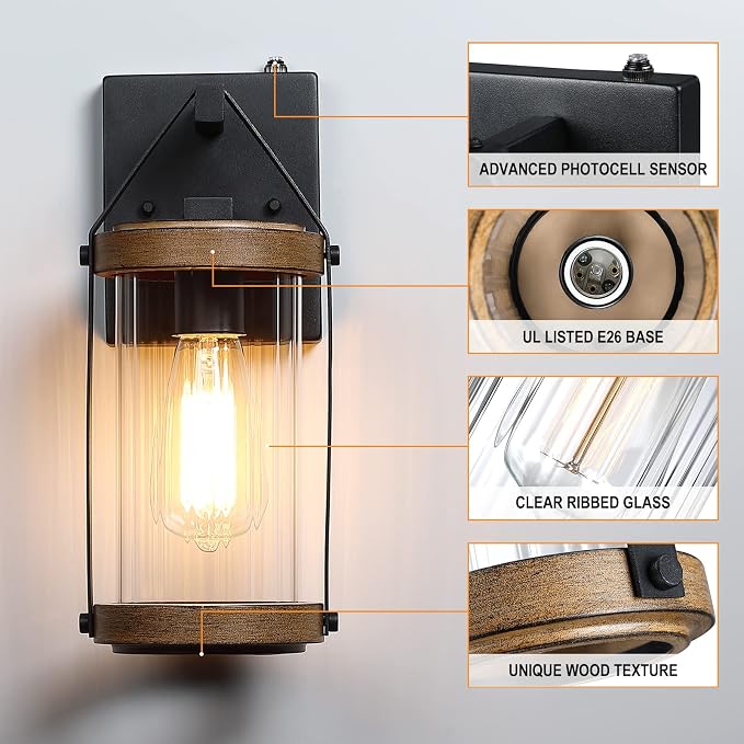2 Pack Dusk to Dawn Sensor Outdoor Wall Lights with Wood Grain | Exterior Lantern Sconce Lighting Fixtures Waterproof Outside Wall Mount Lamp for House Patio Garage Entryway Doorway