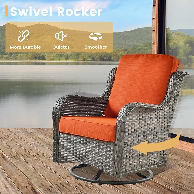 HOOOWOOO Patio Outdoor Sectional Furniture Sofa Set with Swivel Chairs,8 Piece L Shaped Corner Wicker Rattan Couch Set with Glass Table,Modern 6 Persons Summer Patio Conversation Set(Orange Red)