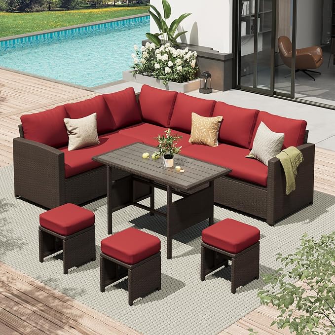AECOJOY Outdoor Patio Furniture Set with Waterproof Cover, 7 Pieces Clearance Sectional Rattan Dining Table&Chairs, All Weather Wicker Conversation Sofa Couch, Wine Red Cushions&Brown Rattan