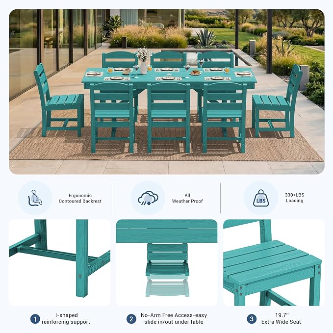 KINGYES Outdoor Dining Table,84 inch HDPE Rectangular Patio Table with Umbrella Hole，Waterproof Patio Furniture for Backyard,Aruba