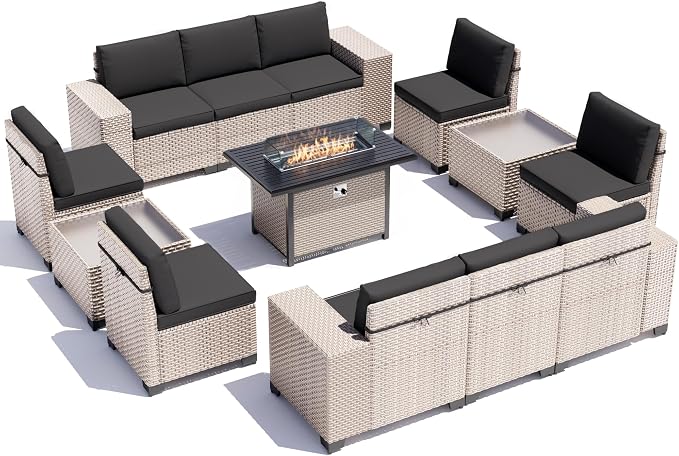 13 Pieces Patio Furniture Set with Fire Pit Table, Outdoor Sectional Wicker Sofa with Thickened Cushions and Coffee Table, High Back Rattan Patio Conversation Sets, Black