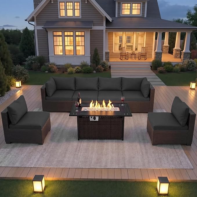 CHABATREE 8-Piece Wicker Patio Conversation Set with 44" Propane Fire Pit Table, Cozy Outdoor Sectional Sofa for Backyard Gatherings, Poolside Lounging & Garden Parties