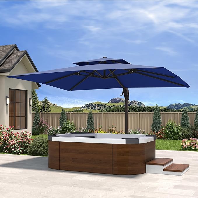 10' X 13' Cantilever Patio Umbrella with Base Included Double Top Rectangular Outdoor Large Offset Umbrellas with 7 Tilts Adjustable 360°Rotation for Deck Pool Garden Backyard, Navy
