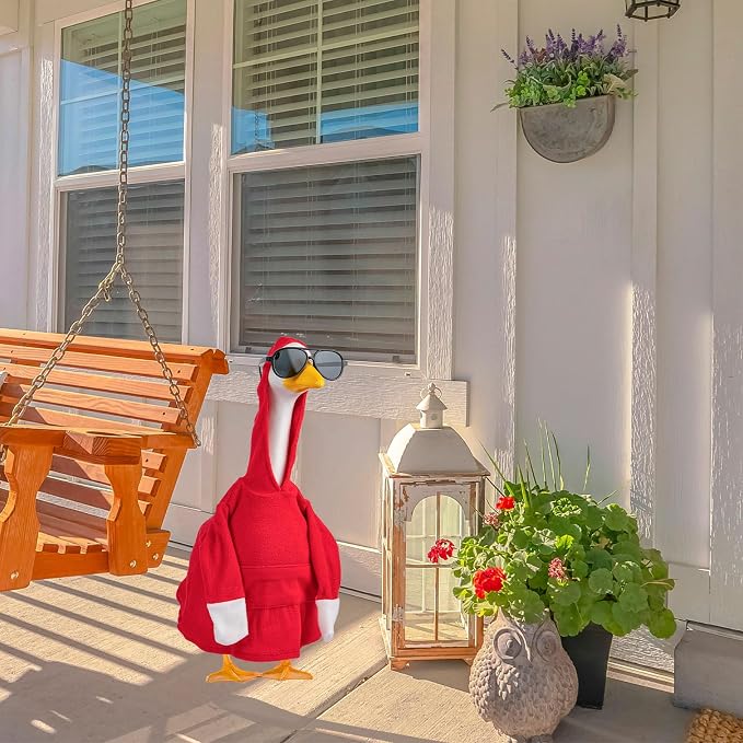 CAMDUCK Porch Goose Hoodie for 23 Inch Goose, Red Goose Outfit with Sunglasses, Funny Geese Clothes Costume, Decorative Lawn Geese Clothes for Yard Garden Patio Decor