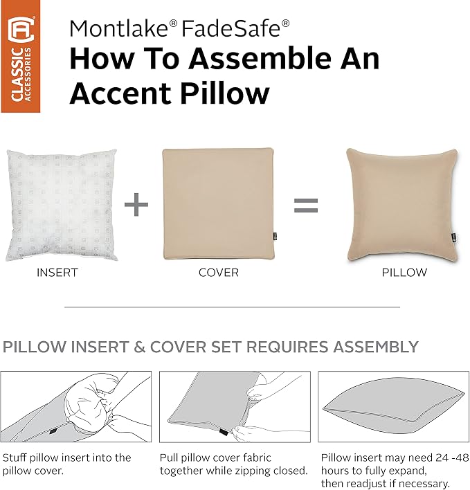 Classic Accessories Montlake FadeSafe Indoor/Outdoor Accent Pillows, 20 x 20 x 8 Inch, 2 Pack, Antique Beige