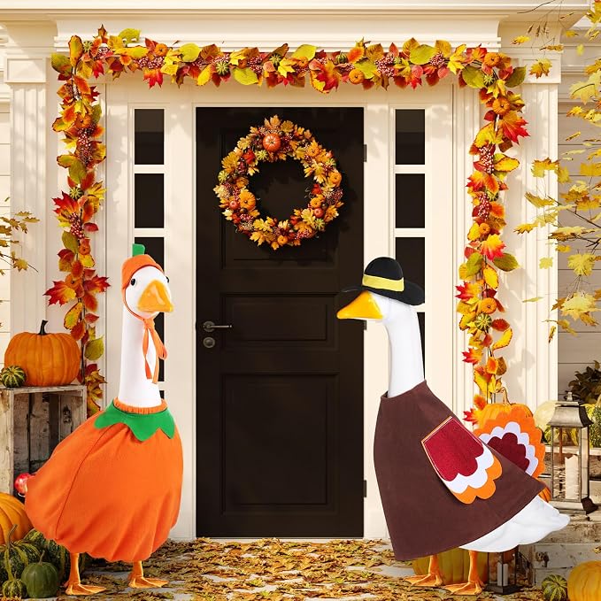 2 Set Thanksgiving Day Goose Outfit Lawn Porch Cloths Plastic Goose Clothing Fall Halloween Outfit for 23" Outdoor Patio Yard Lawn Art Decoration