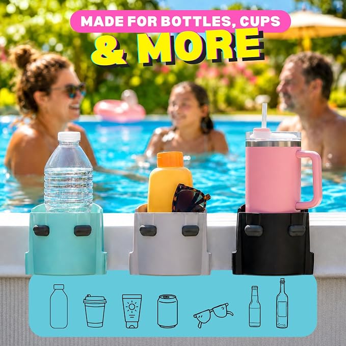 2-Pack Poolside Cup Holders for Square-Top Above Ground Pools, Adjustable Fit for Wide Edges, Non-Slip Silicone Grips, Fits Tumblers & Drink Bottles, Use on Deck, Boat & Patio, Aqua