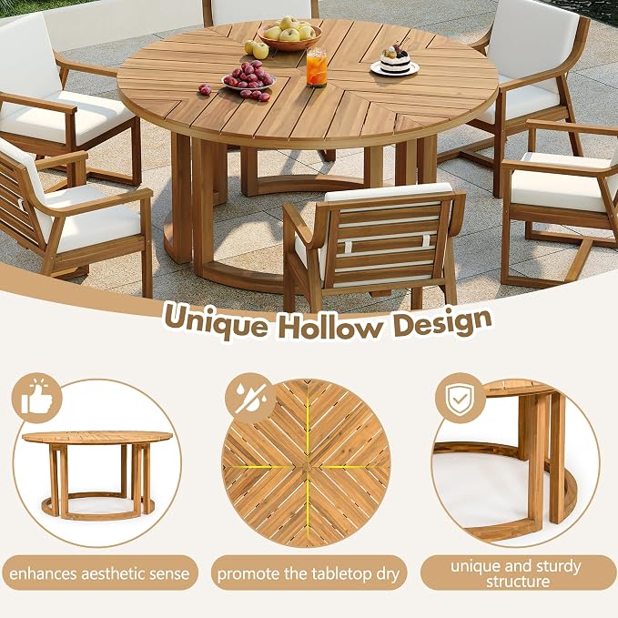 7-Piece Outdoor Patio Dining Set, All-Weather Acacia Wood 59'' Round Dining Table with 1.96" Umbrella Hole and 6 Arm Chairs for Backyard, Balcony, Garden, Poolside (Light Teak-2.14)
