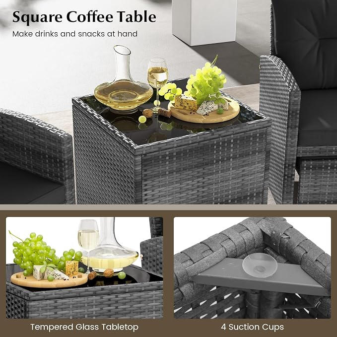 HAPPYGRILL 5-Piece Outdoor PE Rattan Conversation Set, Wicker Patio Furniture Set with Cushion, Ottoman & Coffee Table for Backyard Garden Poolside Lawn Deck Porch (Mix Grey & Black)