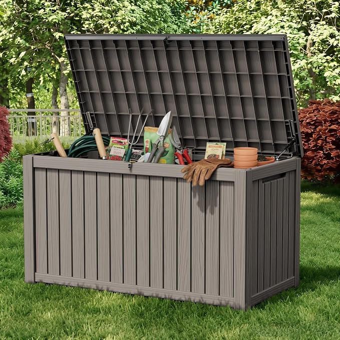 AmaVins Outdoor Storage Box, 180 Gallon Deck Box Indoor and Outdoor Use, Waterproof Resin Storage Bin for Package Delivery, Patio Cushions, Gardening Tools, Lockable, UV Resistant, Light Coffee