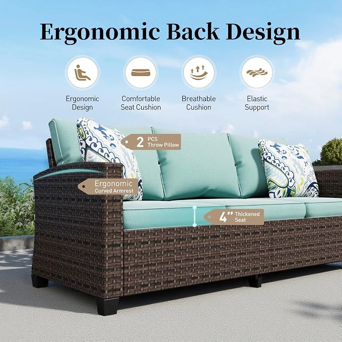 SUNSHINE VALLEY L-Shaped Outdoor Furniture Set, 5-Seat Couch with 2 Ottomans, Durable Rattan Sofa for Small Patios, Modular All-Weather Use, Blue