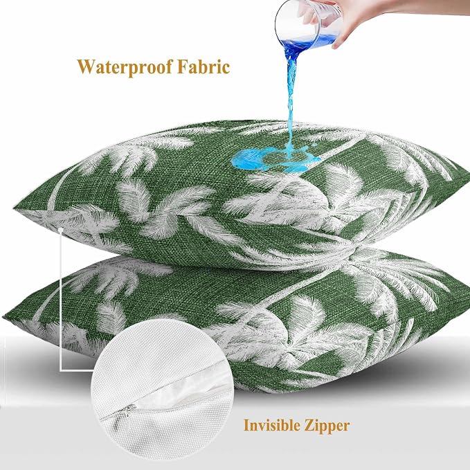 Outdoor Pillow Covers 16x16 Inch Set of 2, Dark Green Palm Trees Waterproof Throw Pillow Covers, Farmhouse Tropical Summer Beach Decorative Cushion Pillowcases for Couch, Sofa, Bed, Garden, Patio