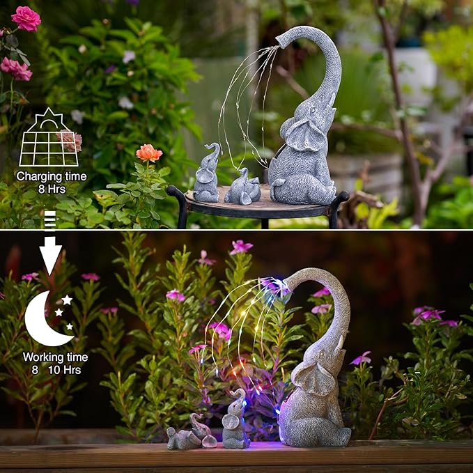 Goodeco Garden Elephant Statue Outdoor - Solar Watering Lights, Perfect for Yard, Patio, and Pathway Decor - Ideal Gardening Gifts