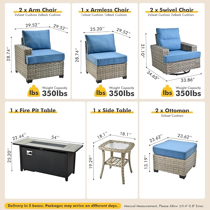 9 Pcs Outdoor Sectional Patio Furniture Set with Fire Pit Table and Swivel Rocking Chairs - All Weather Wicker Modular Outside Sectional Couch,Patio Seating Outdoor Conversation Sets,Blue