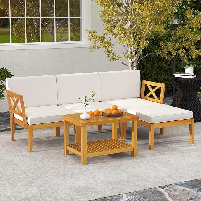 HAPPYGRILL 5 Pieces Acacia Wood Patio Furniture Set, Outdoor Sectional Couch with 2-Tier Coffee Table and Cushions, L Shaped Outdoor Conversation Set for Porch, Garden, Backyard