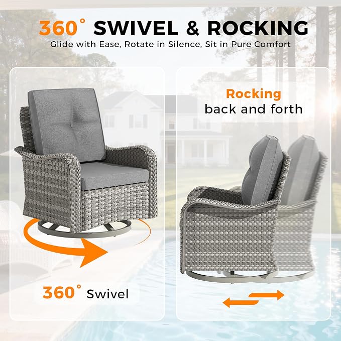 8-Seat Outdoor Wicker Patio Furniture Set with Fire Pit Table, Modular Rattan Sectional Sofa & 2 Swivel Rocking Chairs, 4" Thick Cushions, Rust-Resistant Frame,Gray