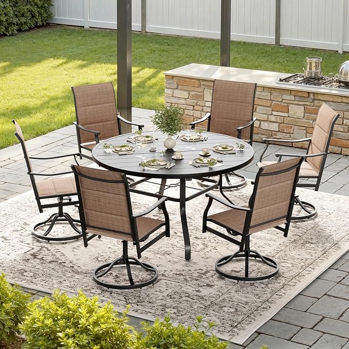 Soohow Outdoor Dining Set for 6, 7-Piece Round Table Patio Dining Set, 6 x Swivel Patio Chairs and 1 x 47 Round Outdoor Dining Table, for Poolside, Backyard and Proch