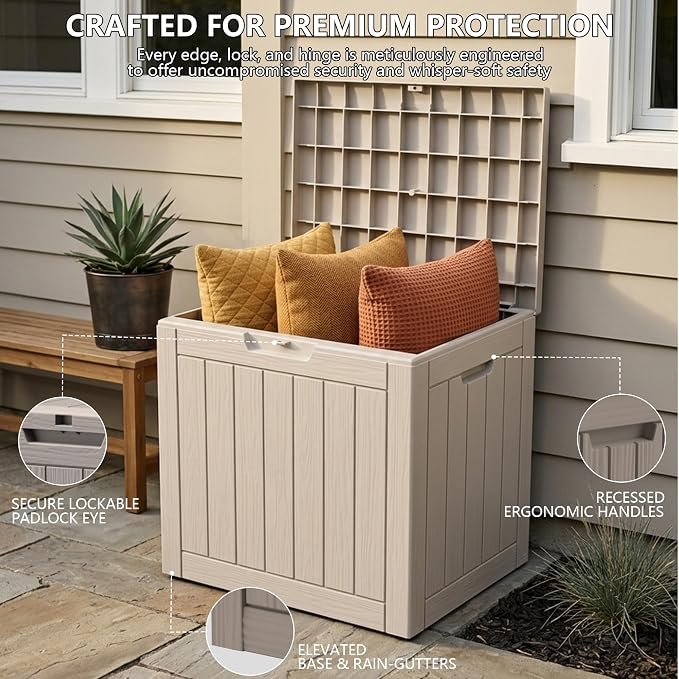 Outdoor Storage Box, 35 Gallon Waterproof Deck Box [Upgraded 3.0], Quick Snap-Lock Resin Cabinet for Seat Pillows, Patio Blankets, Lockable End Table Beverage Stand, Apartment Deck, Grey