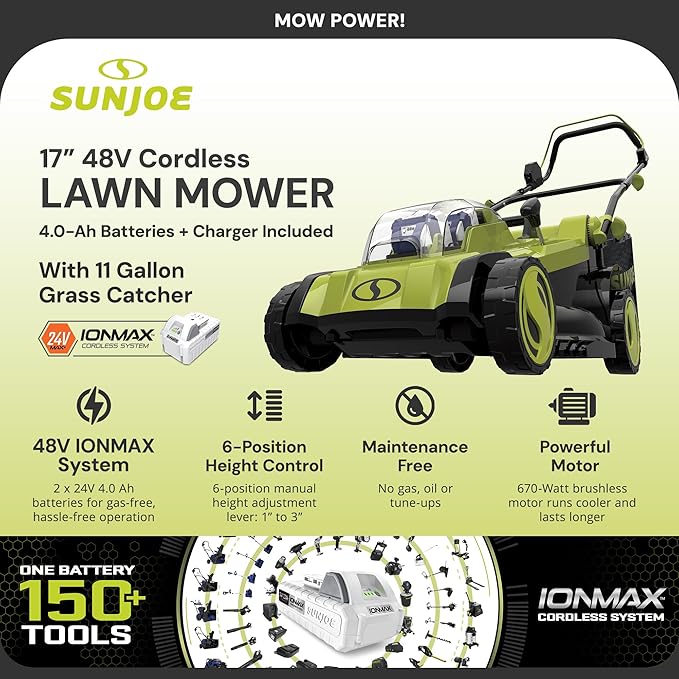 Sun Joe Cordless Electric Push Lawn Mower with 6-Position Height Adjustment, 11-Gal Bag, 17-Inch Cutting Width - Heavy-Duty Yard Trimmer for Gardening Care and Maintenance, 24V-X2-17LM