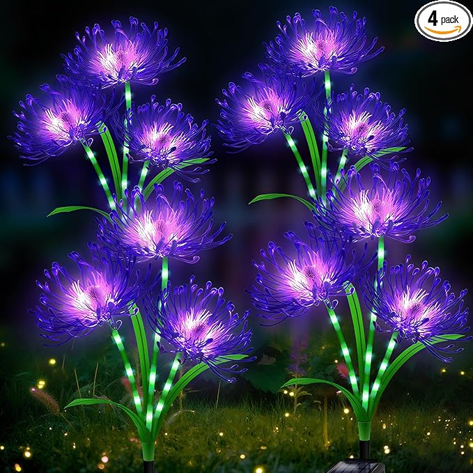 Solar Garden Flower Lights Outdoor, 4 Pack Purple Spider Lily Solar Lights with Glowing Stems, IP65 Waterproof LED Yard Decor for Patio Lawn Pathway,Gifts for Women Mom Grandma