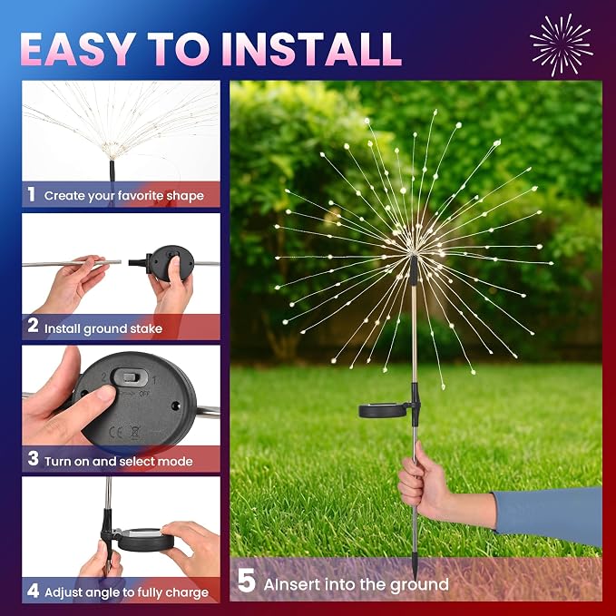 PEVOROS Solar Firework Fairy Garden Lights Outdoor, Red/White/Pink, 4 Pack | 120 LEDs, Waterproof, Fairy Garden Decor, Auto On/Off, Solar Powered, for Yard, Patio, Porch, Flower Pot, Pathway
