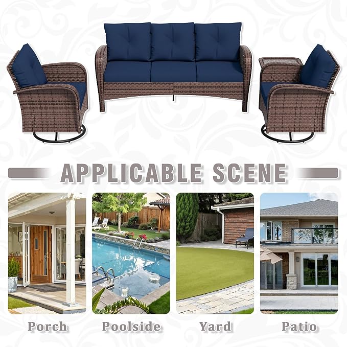 4 Piece Patio Conversation Set - 2 Swivel Chairs 1 Coffee Table 3-Seater Sofa, PE Wicker & Steel Patio Furniture with Heavy-Duty Steel Frame,Weatherproof Cushions, Blue