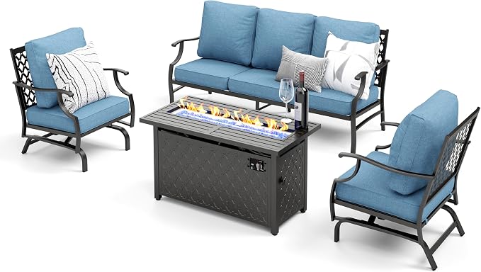 MIXPATIO Patio Furniture Set, 4 Pcs Metal Outdoor Conversation Set, 2 Rocking Chairs and 3 Seater Sofa with 5.75" Extra Thick Cushion and Gas Fire Pit Table for Backyard Deck, Navy Blue