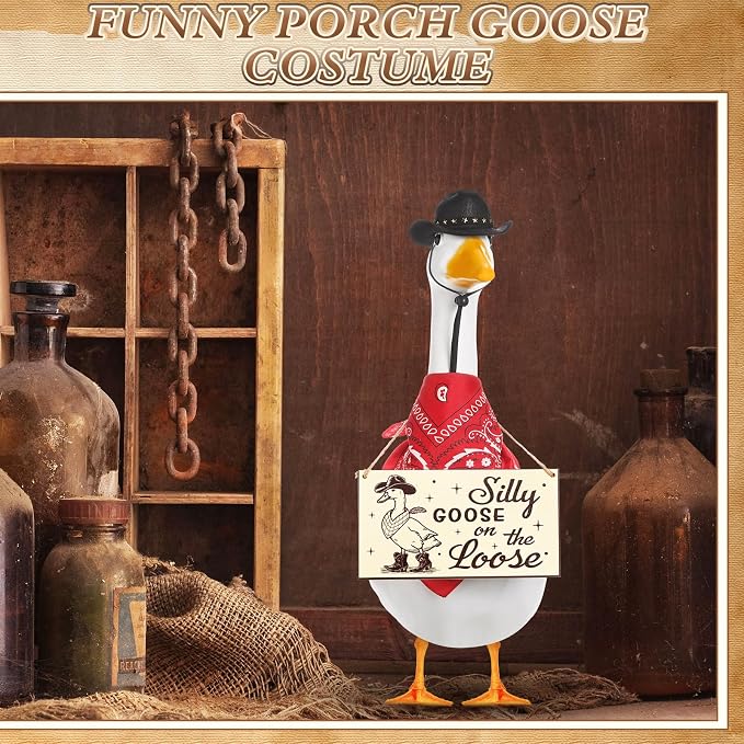 Funny Porch Goose Outfit Decoration Set Silly Goose on The Loose Hangings Sign Cowboy with Outfit Cowboy Hat Bandana for 23" Cement/Plastic Outdoor Statue Patio Yard Lawn Art(Red,Black)
