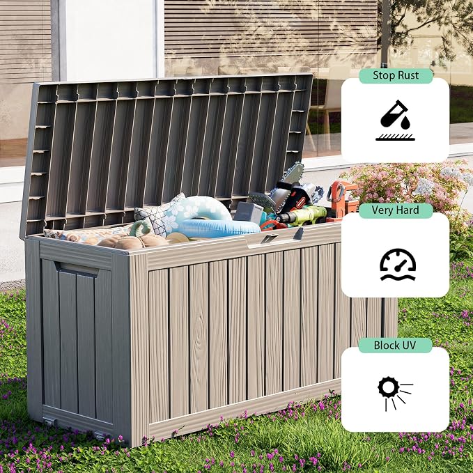 ROJIK Outdoor Storage Housing Deck Box - Waterproof Patio Furniture, Garden Tools, Cushions, Pool Accessories Storage Bench with Lockable Lid and Side Handles (Grey, 80 Gal)