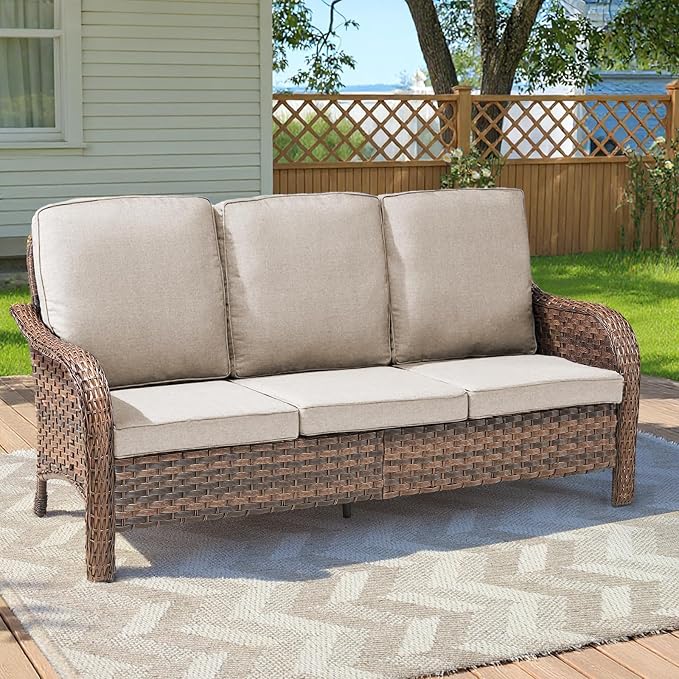 Luxury Outdoor Patio Furniture Set-Wicker High Backrest 3-Seat Patio Sofa with Comfy 6" Cushion, Rattan Couch with Deep Seat All-Weather Patio Conversation Set for Deck Backyard Garden(Gray/Beige)