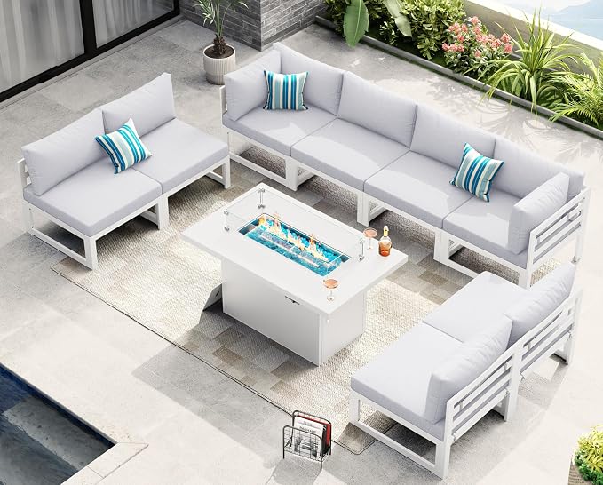 NICESOUL Aluminum Frame Patio Furniture Set with Firepit Table, Oversized Modular L Shaped Outdoor Sectional Sofa, 29" Deep Seating, 9 Piece 500 lbs Heavy Duty Conversation Set for Deck, Light Grey