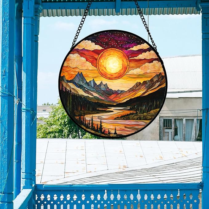 DASTOLL Stained Glass Window Hanging, Dusk Sunset Landscape Sun Catchers Glass Panel Lakes and Mountains Suncatcher Decor for Birthday for Women, Men, Wife, Aunt, and Mom 14.9 in