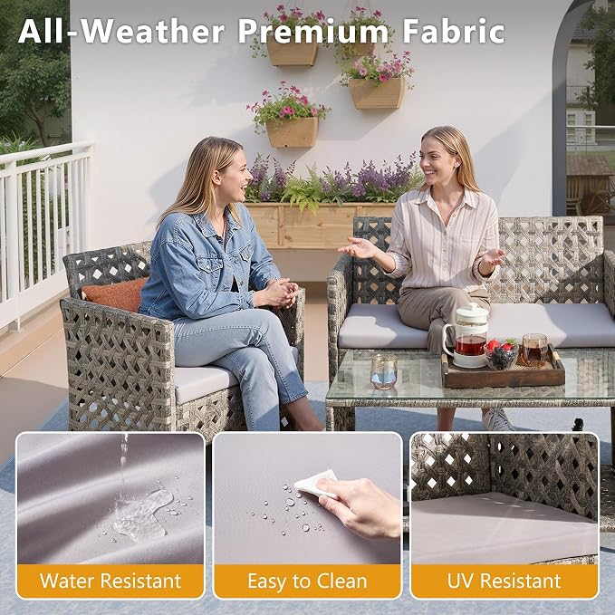HOOOWOOO 4 Pieces Patio Furniture Set,PE Wicker Outdoor Conversation Sets,Weather Resistant Loveseat with High Back Chairs Table for Porch Balcony Yard Deck,Light Gray