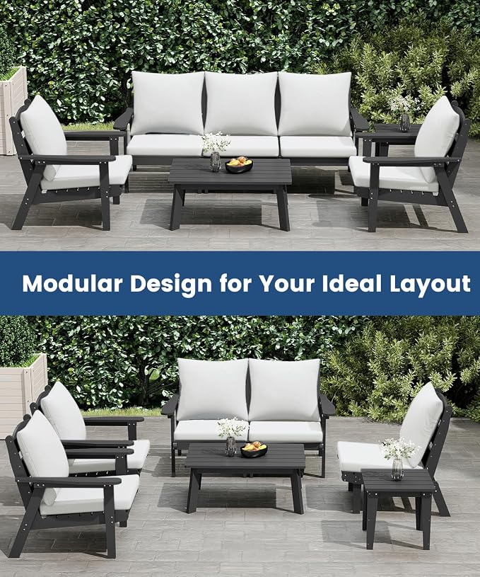 FOOWIN 4-Piece Patio Furniture Set, HDPE All-Weather Outdoor Conversation Set with Thick Cushions, Sectional Patio Sofa Furniture for Deck, Porch, Lawn, Garden, Grey Frame & White Cushion