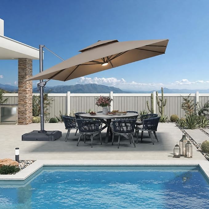 PURPLE LEAF 12 FT Cantilever Patio Umbrella with Light, 330lbs Base Large Square Windproof Offset Umbrella for Pool Deck Garden, Ash Mocha
