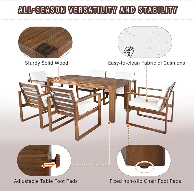Rustic 7 Piece Patio Table and Chairs Set, Outdoor Dining Set for 6 with Umbrella Hole and Removable Cushion,for Garden Backyard Lawn Poolside (Mocha#X)