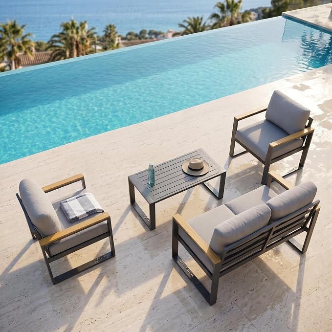 1 Pcs Aluminum Loveseat and Coffee Table, Aluminum Patio Patio Conversation Set with Washable Thick Cushion for for Balcony, Garden, Deck, Backyard,Gray