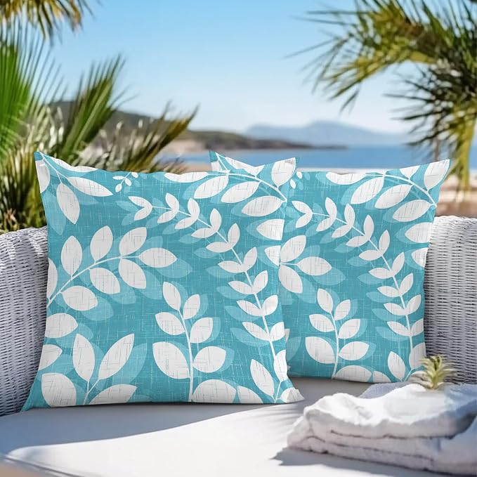 Teal Cyan Leaves Outdoor Waterproof Throw Pillow Covers 16x16 Set of 2, Farmhouse Botanical Branch Vintage Boho Leaf Decorative Pillowcases Cushion Pillowcase for Couch Sofa Patio Pillow Protector