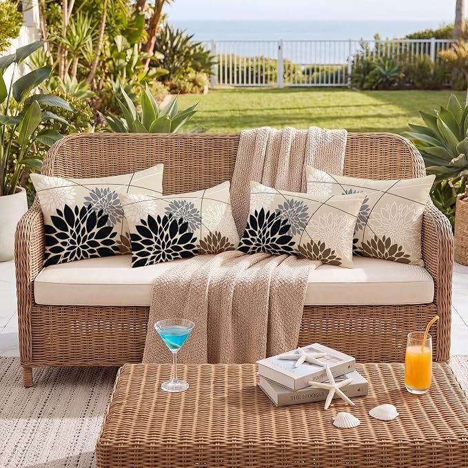 OTOSTAR Outdoor Black Gray Pillow Covers 16x24 Inch Set of 2 White Flower Throw Pillows Farmhouse Geometric Dahlia Floral Lumbar Cushion Case Waterproof Decor for Sofa Patio Funiture Garden
