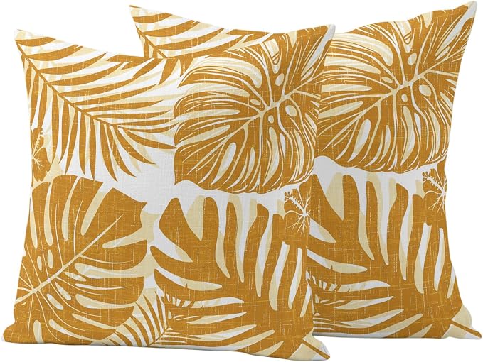 Vintage Yellow Palm Leaves Outdoor Pillow Covers 18"x18" Set of 2, Tropical Botanical Minimalist Modern Waterproof Throw Pillow Covers for Patio Furniture, Decorative Cushion Covers for Porch