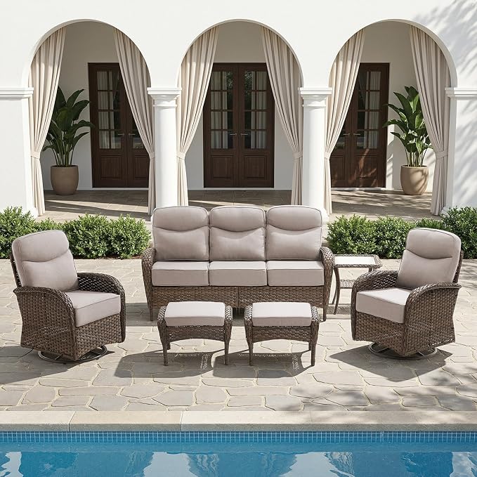 HUMMUH 5-Piece Patio Furniture Set with Upgraded 6" Thick Cushion - High Back Outdoor Swivel Rocker Chairs with 3-Seater Sofa,Ottomans,Wicker Outdoor Conversation Set for Deck,Porch,Yard,Poolside
