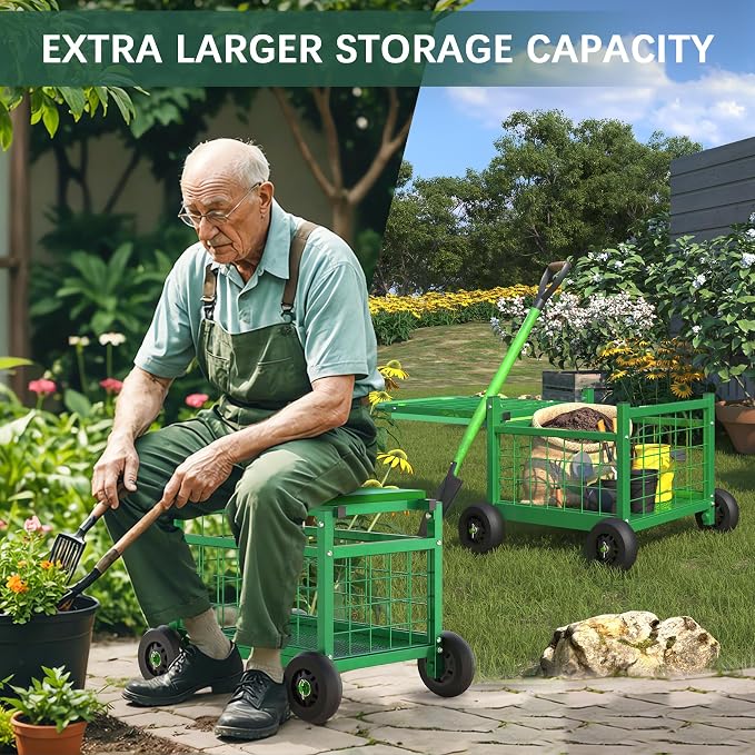 Garden Cart with Seat,3-in-1 Rolling Seat with Wheels for Seniors Gardening | Upgraded Heavy Duty Gardenning Cart with Seat, Supports up to 600 LBS for Seniors, Lawn, Patio & Backyard Gardening, Green